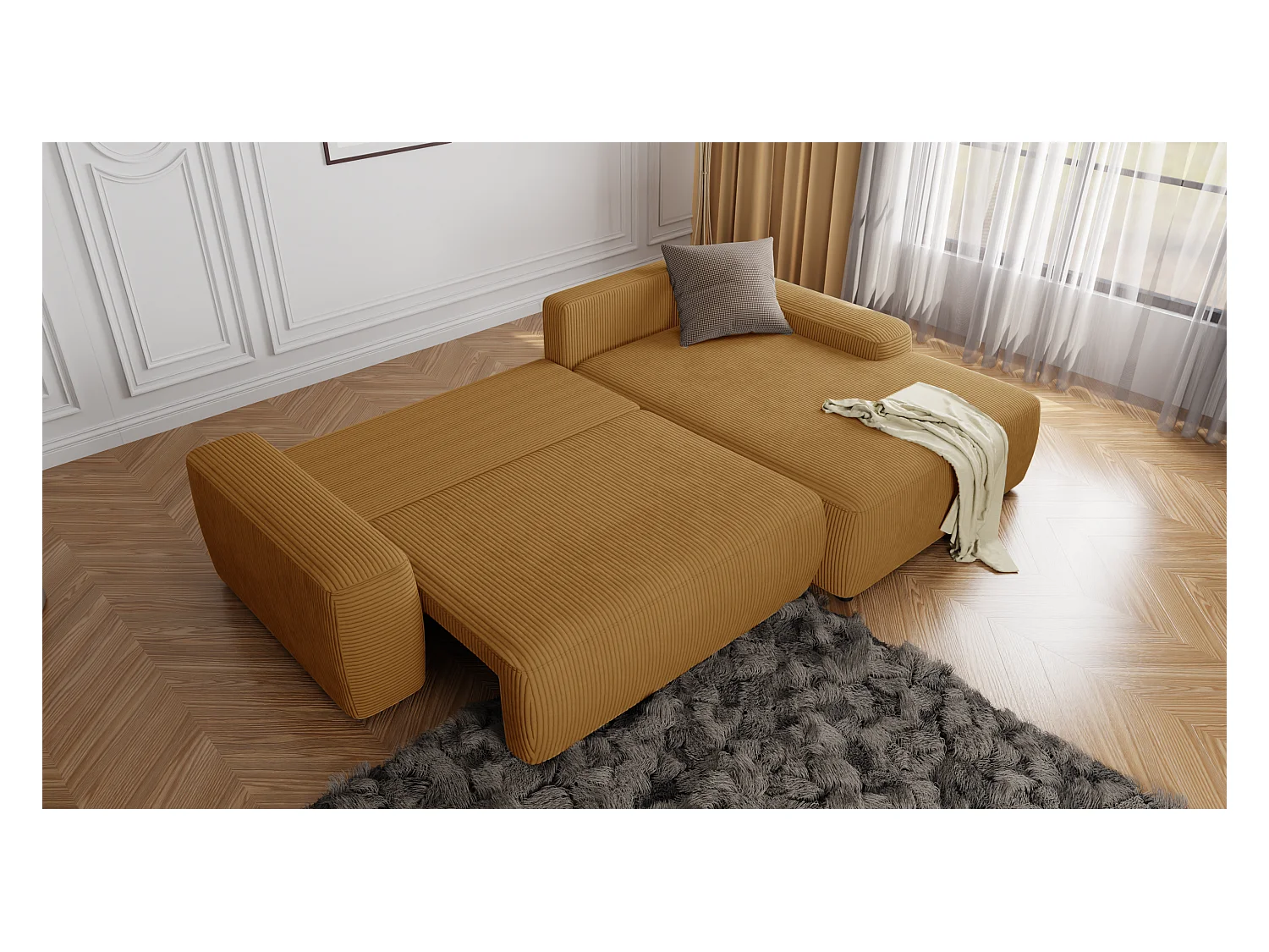 Canapé d’angle avec fonction lit et coffre de rangement en tissu côtelé miel, offrant un agréable confort d’assise EVERLY