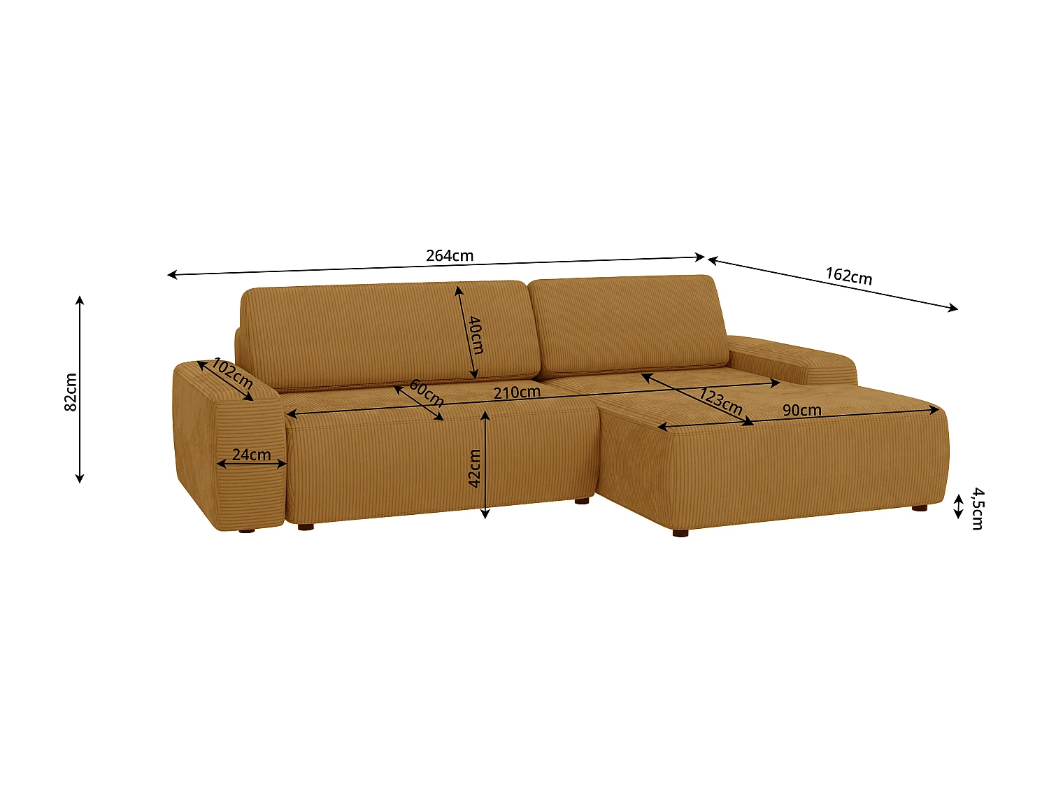 Canapé d’angle avec fonction lit et coffre de rangement en tissu côtelé miel, offrant un agréable confort d’assise EVERLY