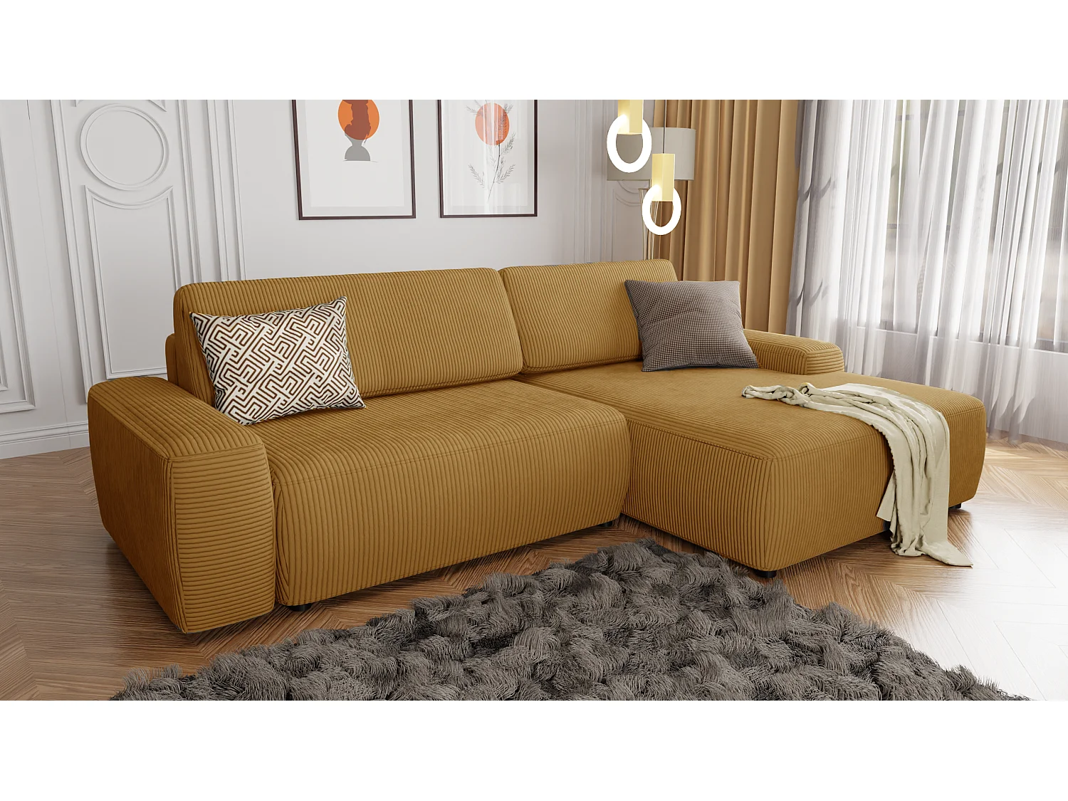 Canapé d’angle avec fonction lit et coffre de rangement en tissu côtelé miel, offrant un agréable confort d’assise EVERLY