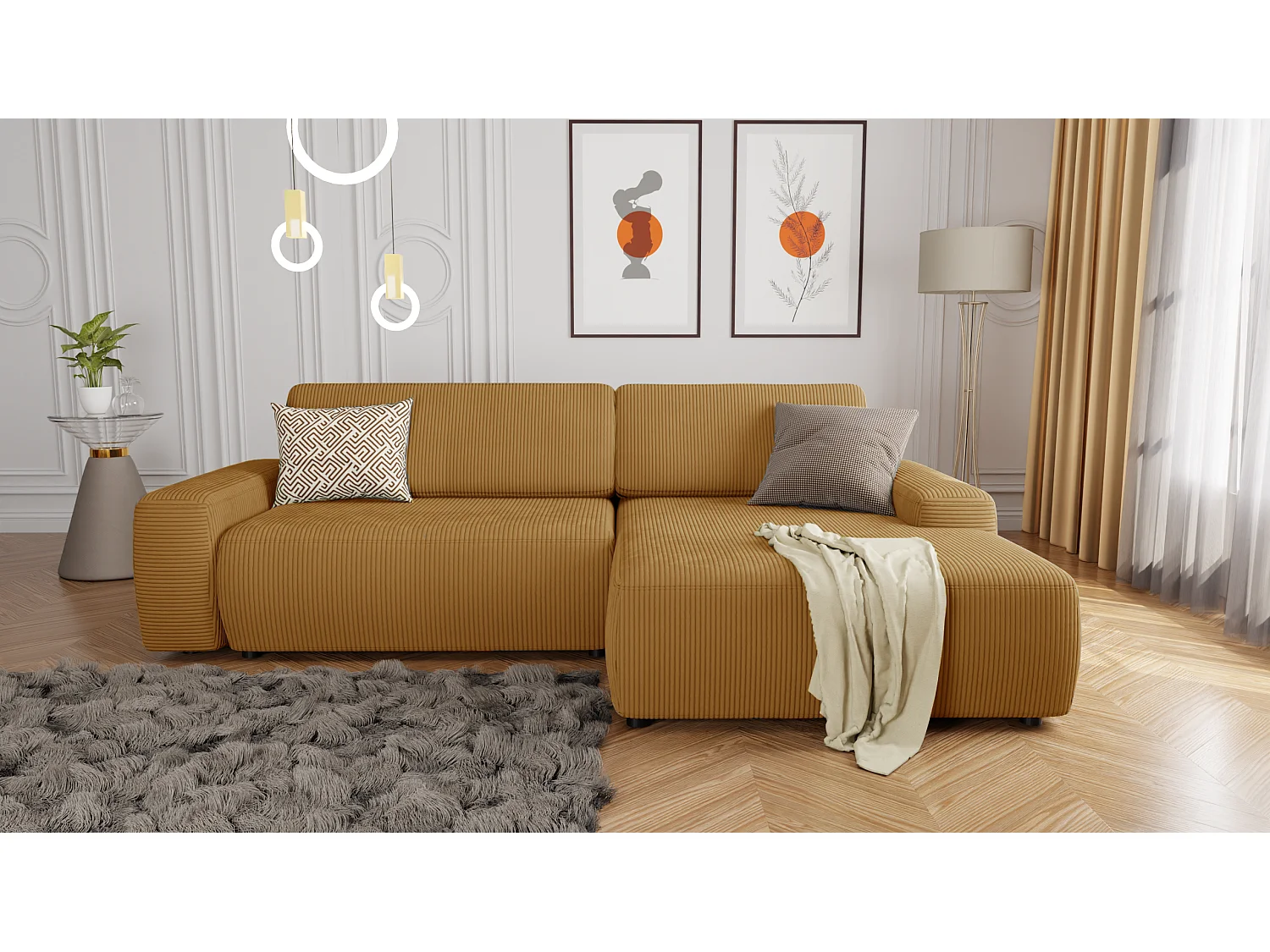 Canapé d’angle avec fonction lit et coffre de rangement en tissu côtelé miel, offrant un agréable confort d’assise EVERLY