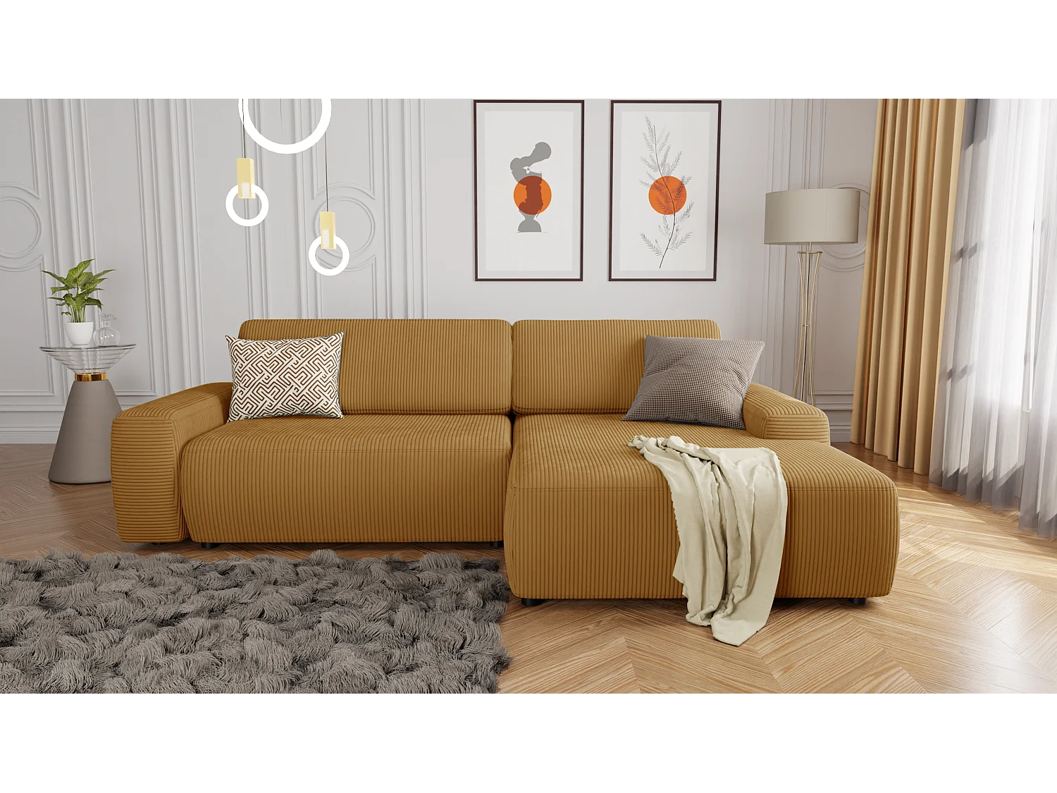 Canapé d’angle avec fonction lit et coffre de rangement en tissu côtelé miel, offrant un agréable confort d’assise EVERLY