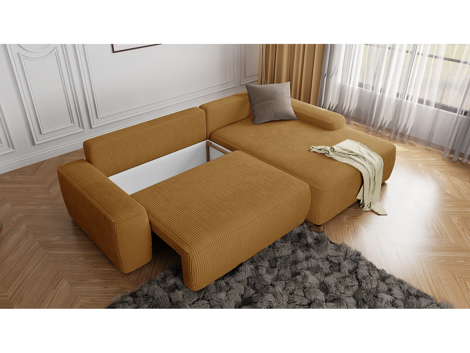 Canapé d’angle avec fonction lit et coffre de rangement en tissu côtelé miel, offrant un agréable confort d’assise EVERLY