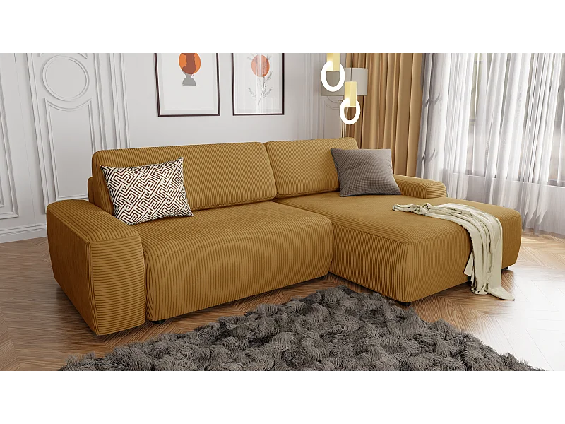 Canapé d’angle avec fonction lit et coffre de rangement en tissu côtelé miel, offrant un agréable confort d’assise EVERLY