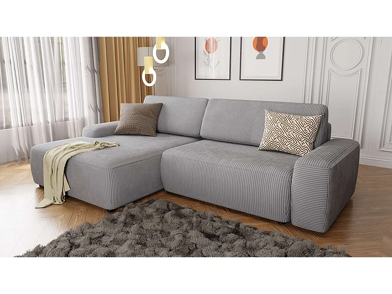 Canapé d’angle avec fonction lit et coffre de rangement en tissu côtelé gris clair, offrant un agréable confort d’assise EVERLY