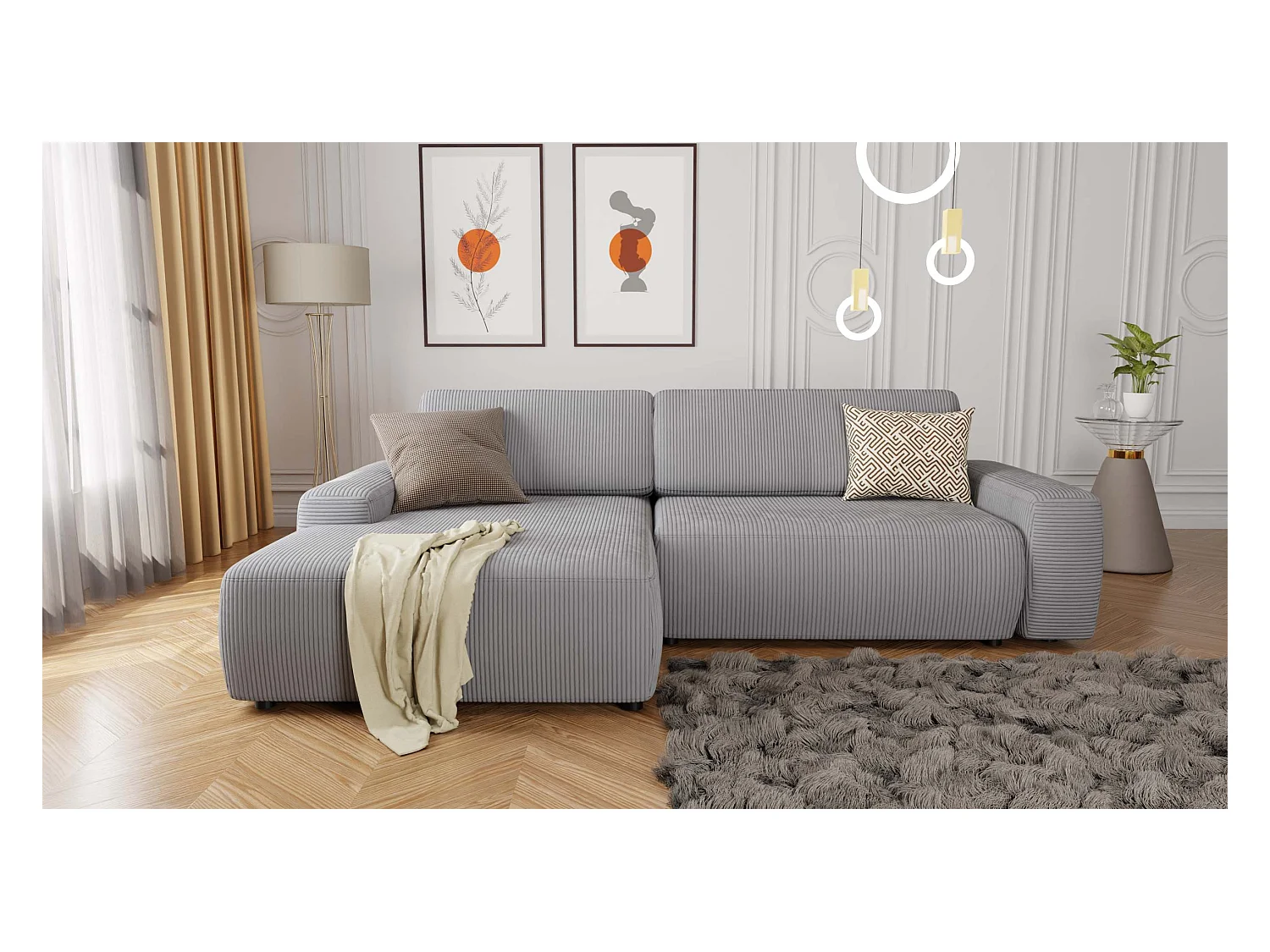 Canapé d’angle avec fonction lit et coffre de rangement en tissu côtelé gris clair, offrant un agréable confort d’assise EVERLY