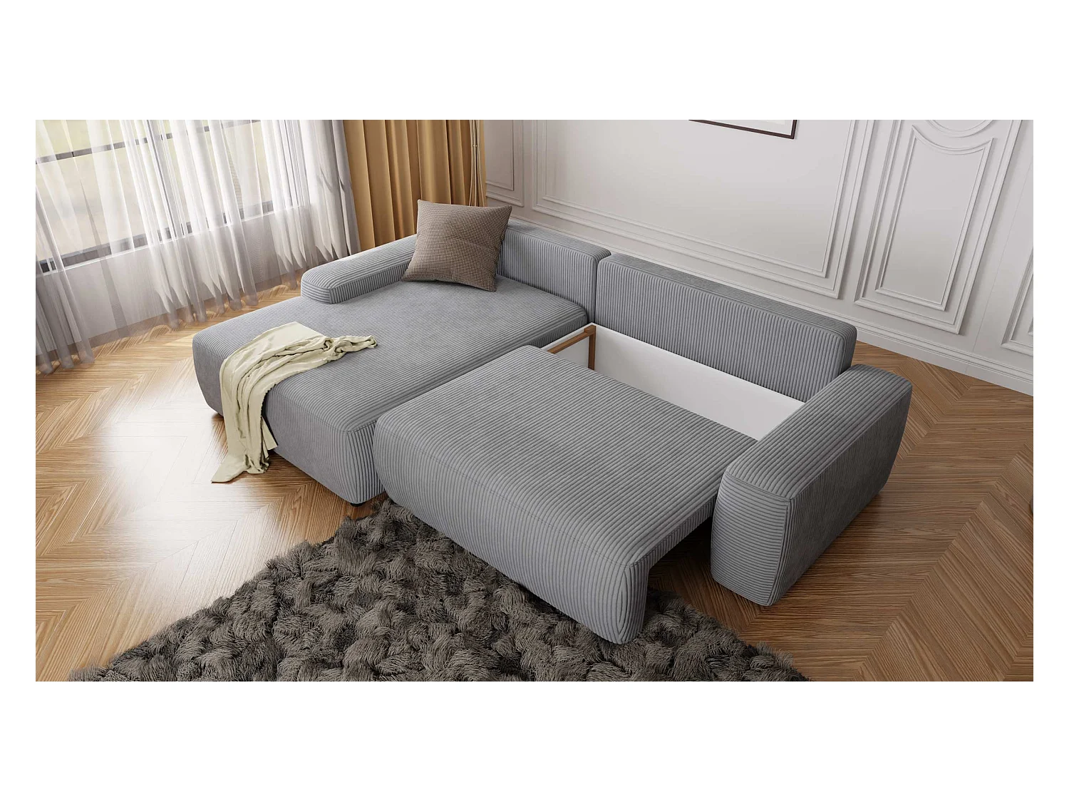 Canapé d’angle avec fonction lit et coffre de rangement en tissu côtelé gris clair, offrant un agréable confort d’assise EVERLY
