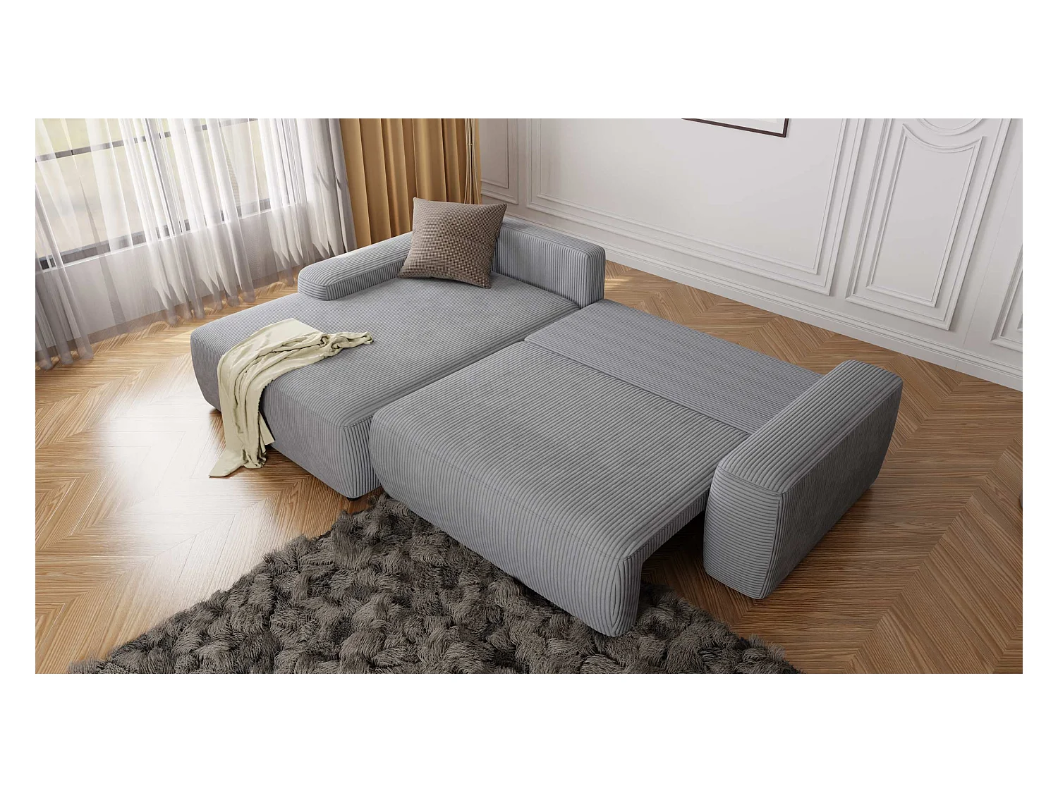 Canapé d’angle avec fonction lit et coffre de rangement en tissu côtelé gris clair, offrant un agréable confort d’assise EVERLY