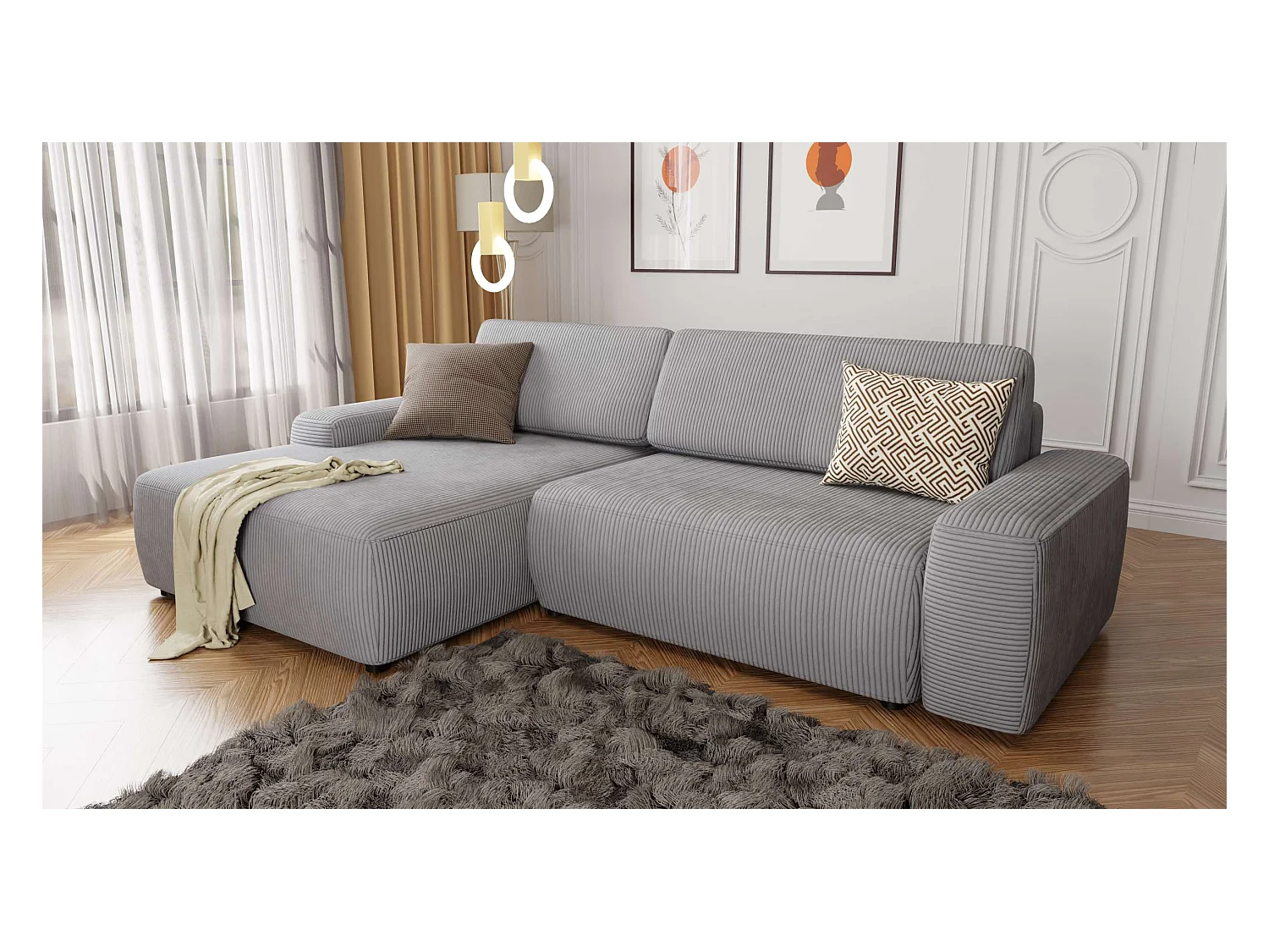 Canapé d’angle avec fonction lit et coffre de rangement en tissu côtelé gris clair, offrant un agréable confort d’assise EVERLY