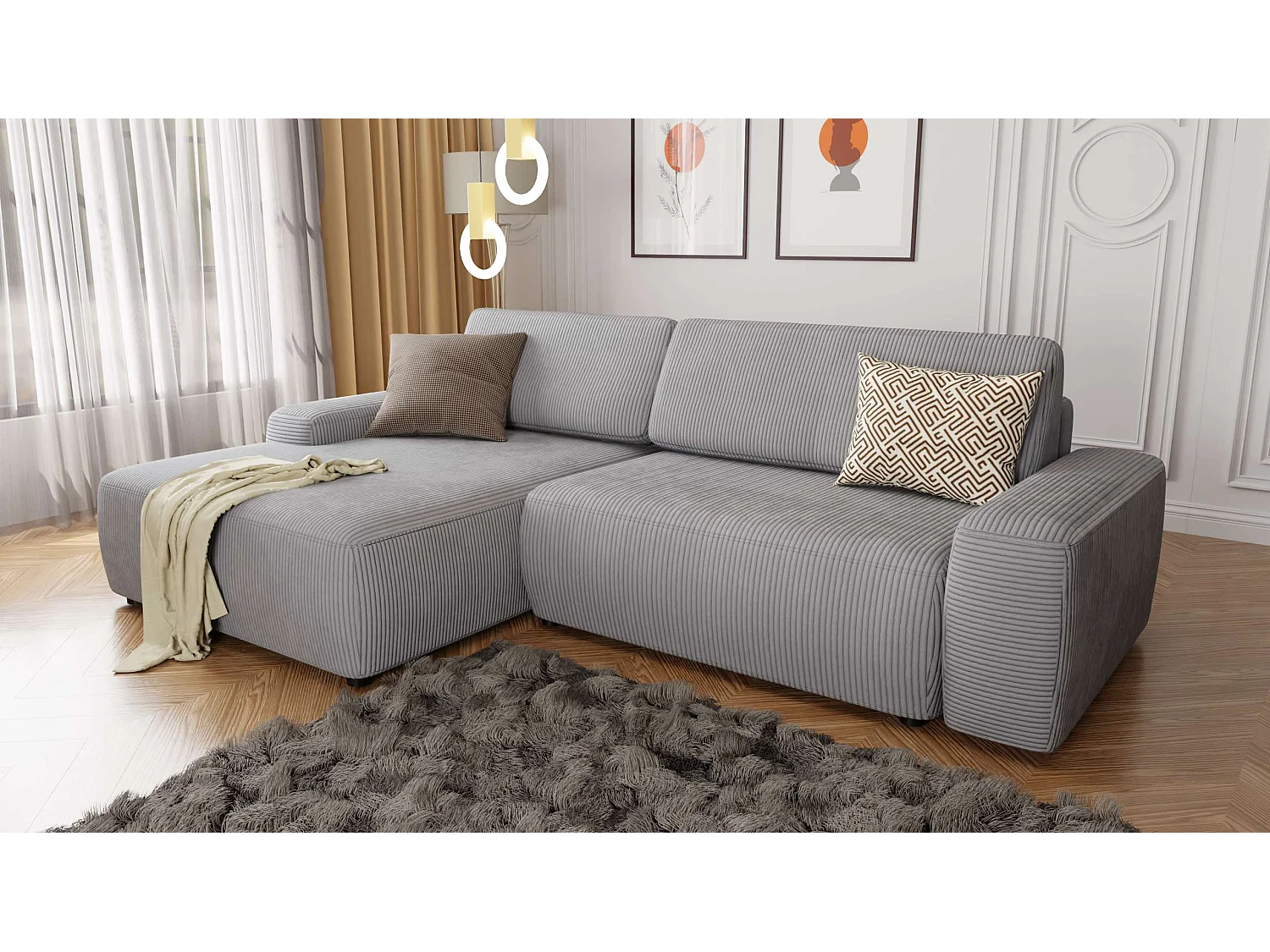 Canapé d’angle avec fonction lit et coffre de rangement en tissu côtelé gris clair, offrant un agréable confort d’assise EVERLY