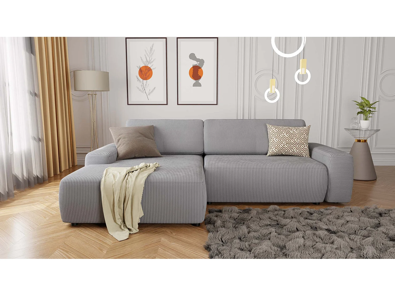 Canapé d’angle avec fonction lit et coffre de rangement en tissu côtelé gris clair, offrant un agréable confort d’assise EVERLY