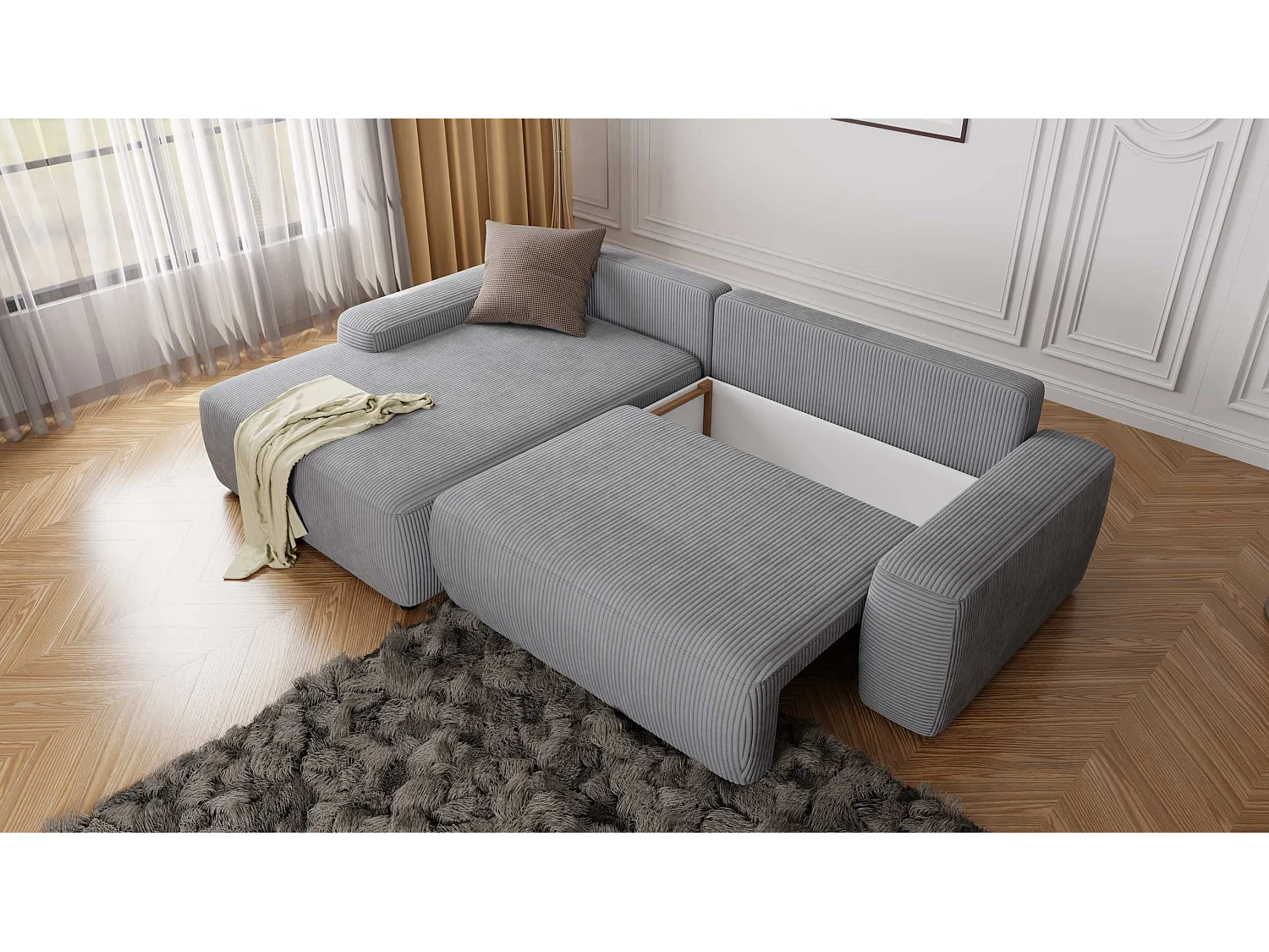 Canapé d’angle avec fonction lit et coffre de rangement en tissu côtelé gris clair, offrant un agréable confort d’assise EVERLY