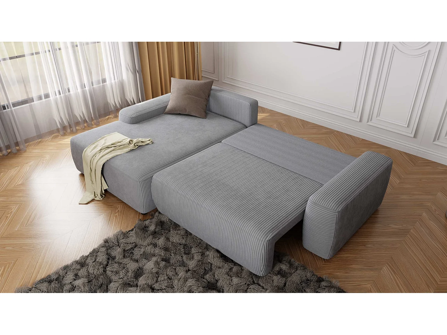 Canapé d’angle avec fonction lit et coffre de rangement en tissu côtelé gris clair, offrant un agréable confort d’assise EVERLY