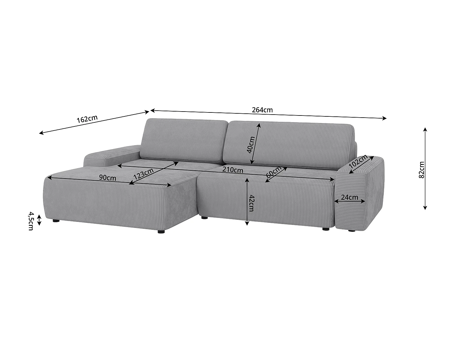 Canapé d’angle avec fonction lit et coffre de rangement en tissu côtelé gris clair, offrant un agréable confort d’assise EVERLY