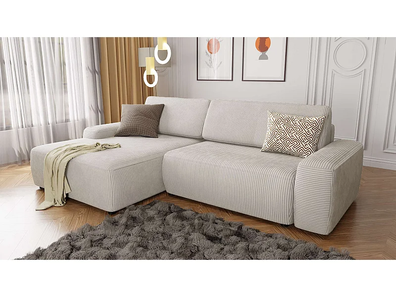 Canapé d’angle avec fonction lit et coffre de rangement en tissu côtelé beige, offrant un agréable confort d’assise EVERLY