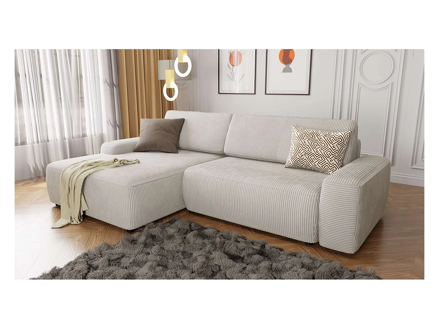 Canapé d’angle avec fonction lit et coffre de rangement en tissu côtelé beige, offrant un agréable confort d’assise EVERLY