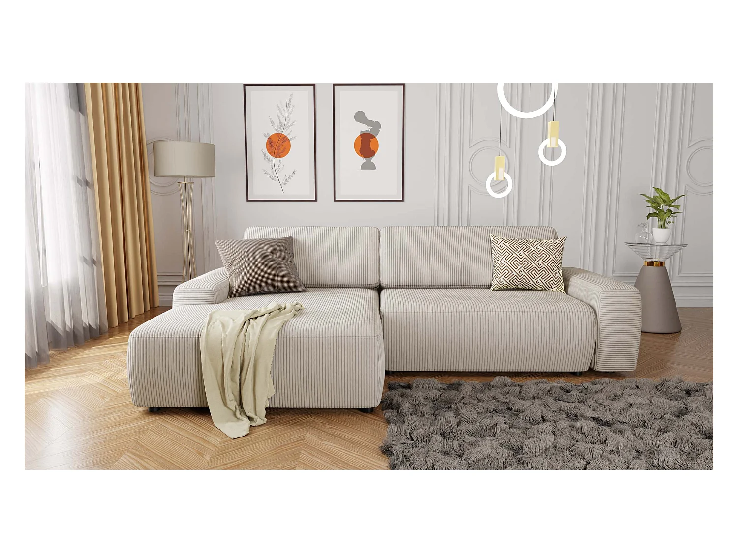 Canapé d’angle avec fonction lit et coffre de rangement en tissu côtelé beige, offrant un agréable confort d’assise EVERLY