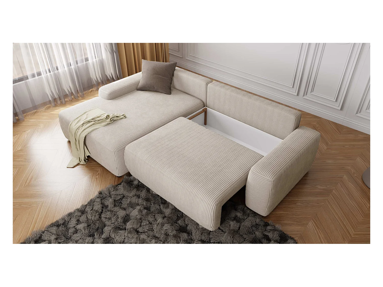 Canapé d’angle avec fonction lit et coffre de rangement en tissu côtelé beige, offrant un agréable confort d’assise EVERLY