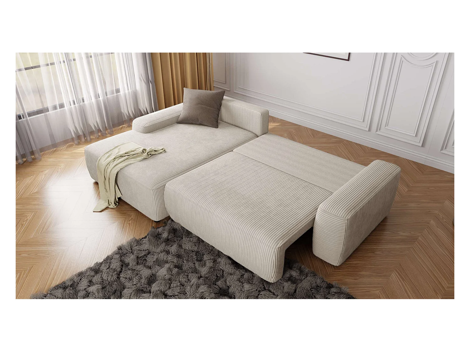 Canapé d’angle avec fonction lit et coffre de rangement en tissu côtelé beige, offrant un agréable confort d’assise EVERLY