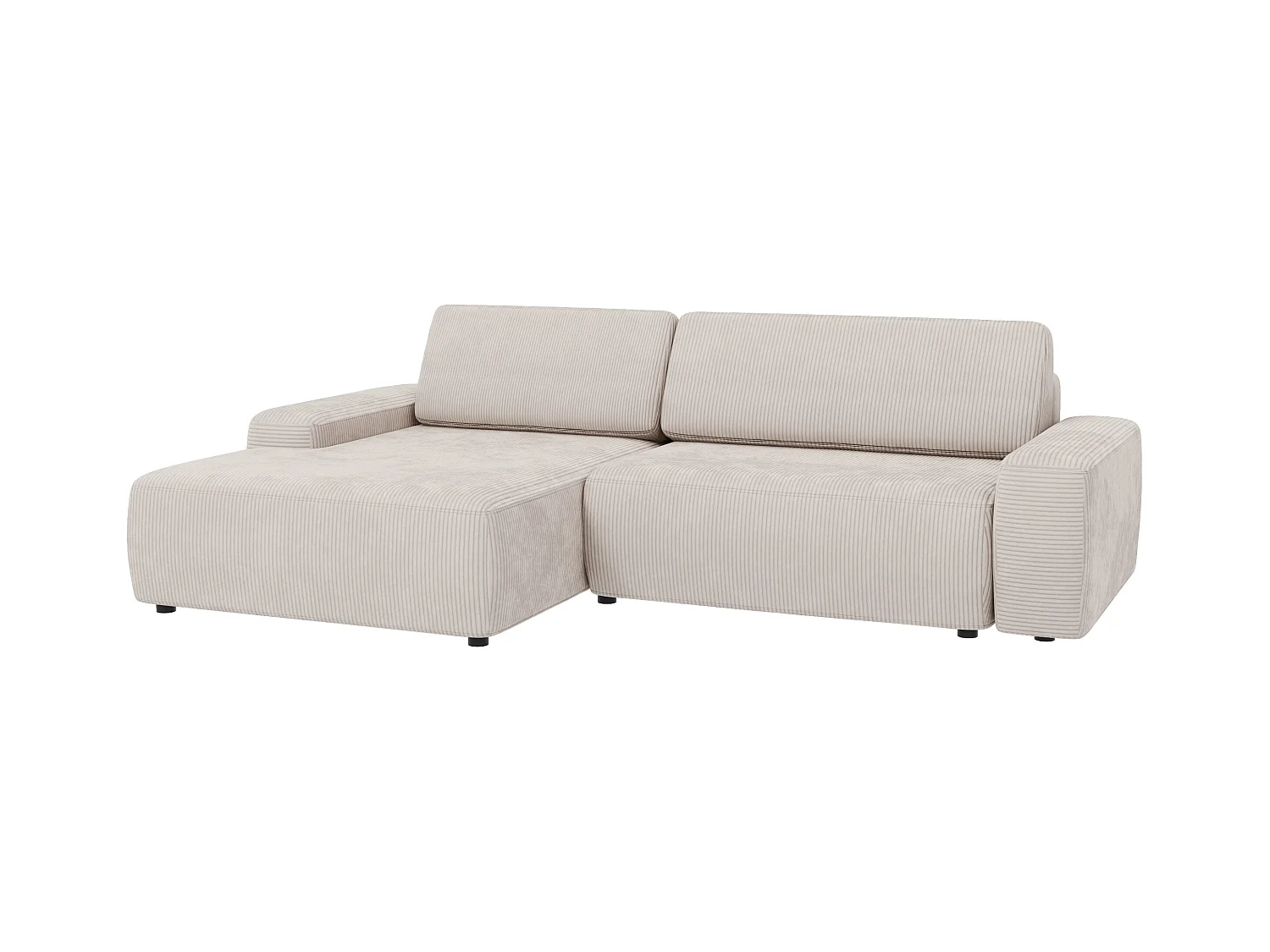 Canapé d’angle avec fonction lit et coffre de rangement en tissu côtelé beige, offrant un agréable confort d’assise EVERLY