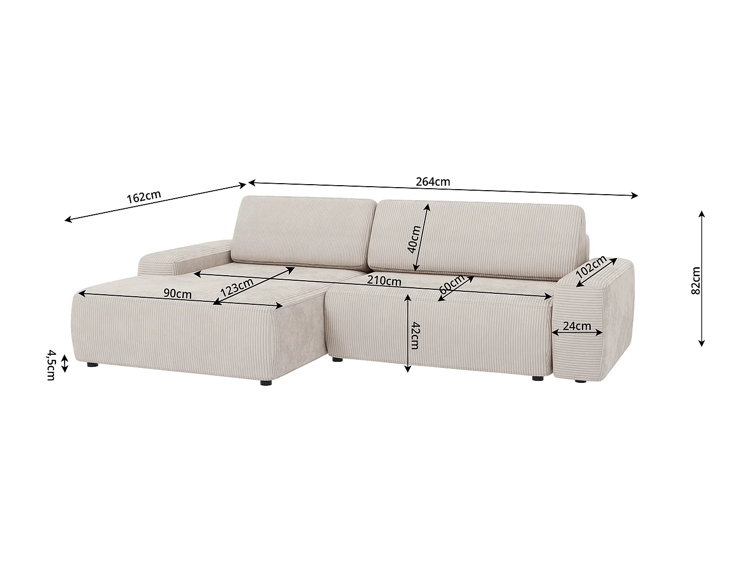 Canapé d’angle avec fonction lit et coffre de rangement en tissu côtelé beige, offrant un agréable confort d’assise EVERLY