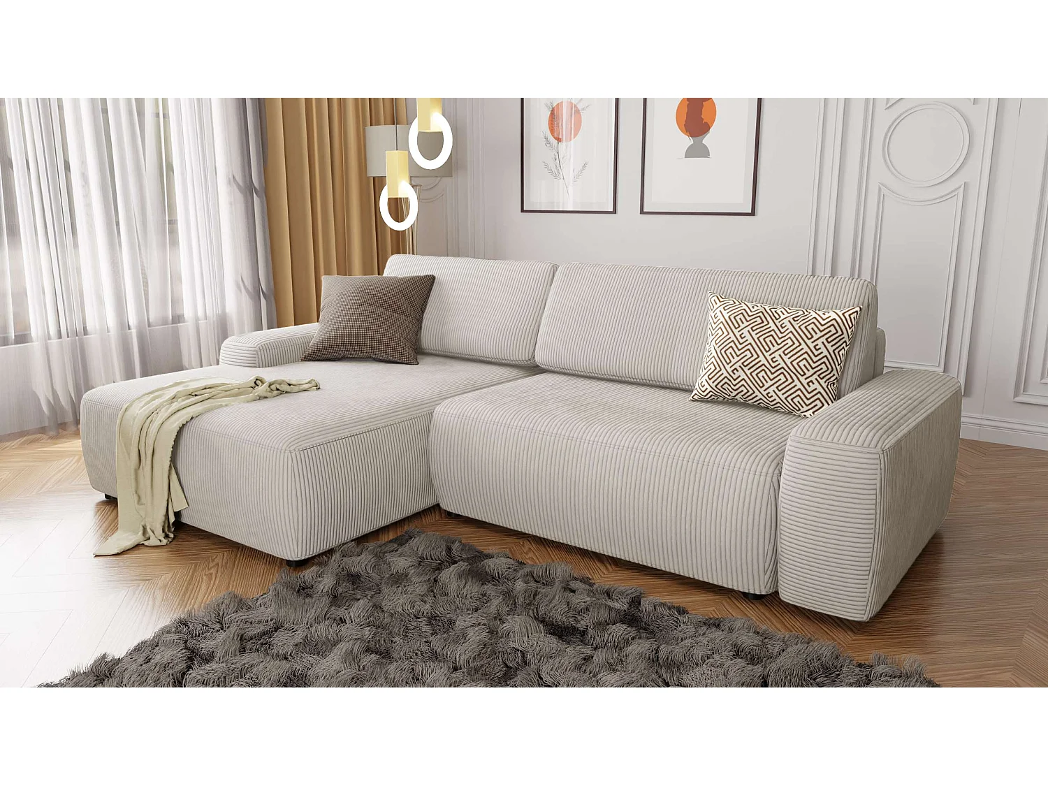 Canapé d’angle avec fonction lit et coffre de rangement en tissu côtelé beige, offrant un agréable confort d’assise EVERLY