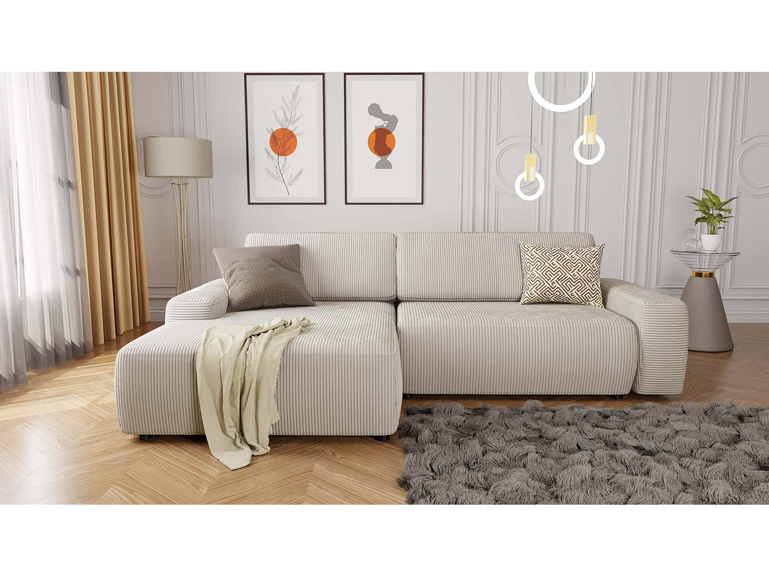 Canapé d’angle avec fonction lit et coffre de rangement en tissu côtelé beige, offrant un agréable confort d’assise EVERLY