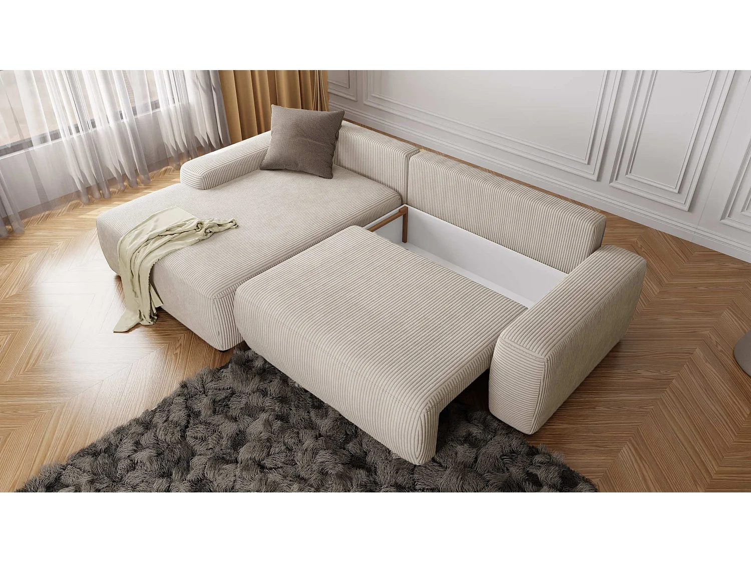 Canapé d’angle avec fonction lit et coffre de rangement en tissu côtelé beige, offrant un agréable confort d’assise EVERLY