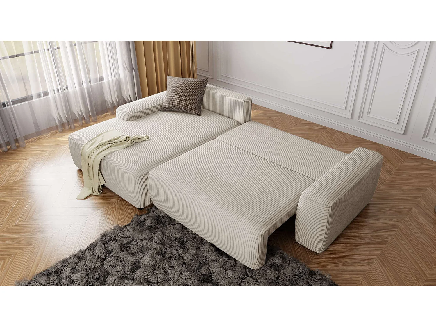 Canapé d’angle avec fonction lit et coffre de rangement en tissu côtelé beige, offrant un agréable confort d’assise EVERLY
