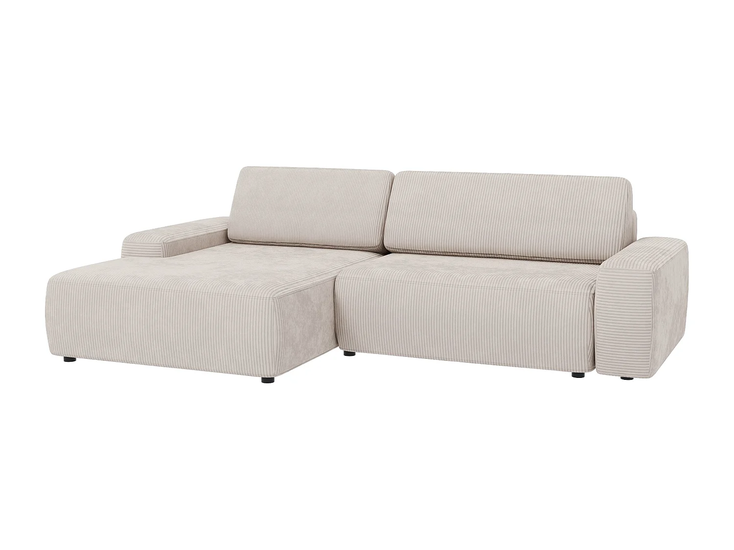 Canapé d’angle avec fonction lit et coffre de rangement en tissu côtelé beige, offrant un agréable confort d’assise EVERLY