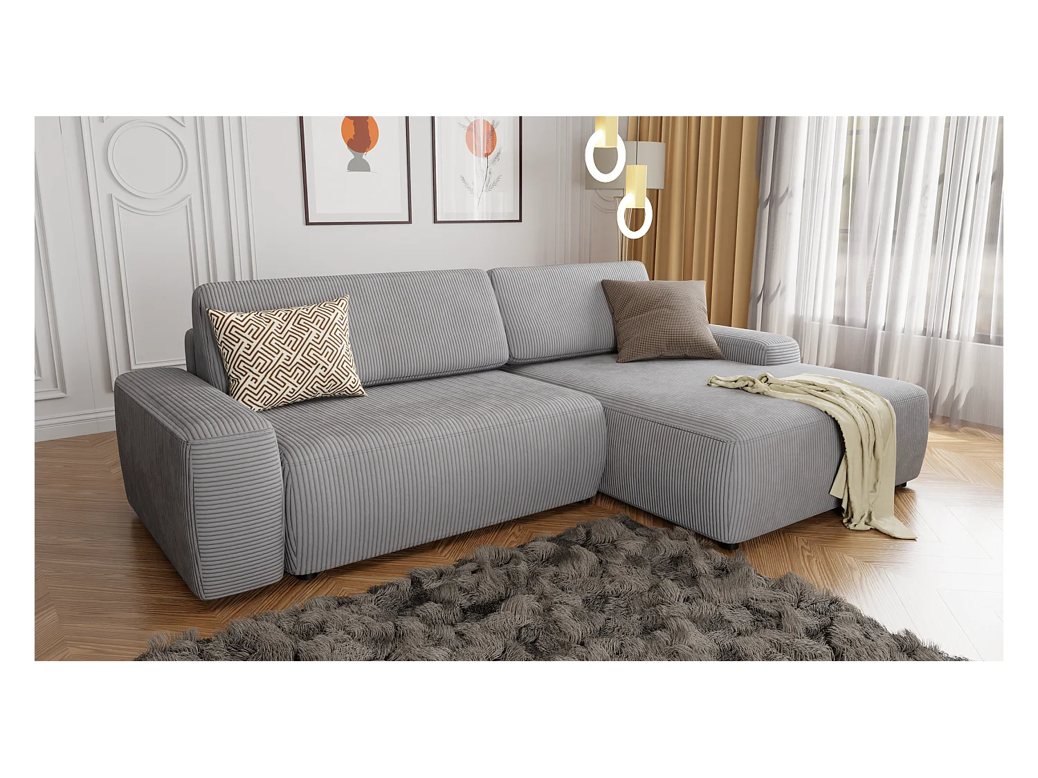 Canapé d’angle avec fonction lit et coffre de rangement en tissu côtelé gris clair, offrant un agréable confort d’assise EVERLY