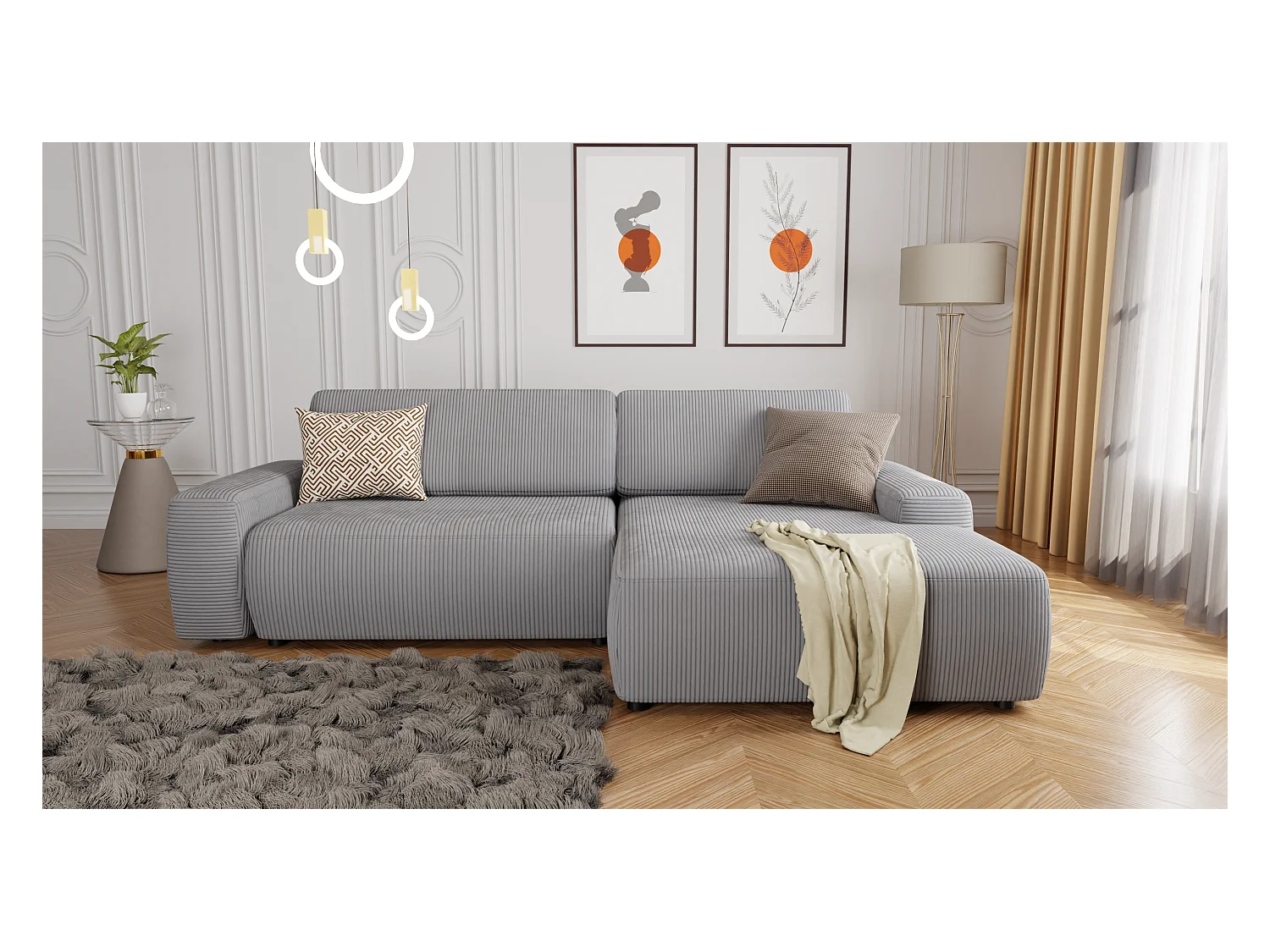 Canapé d’angle avec fonction lit et coffre de rangement en tissu côtelé gris clair, offrant un agréable confort d’assise EVERLY