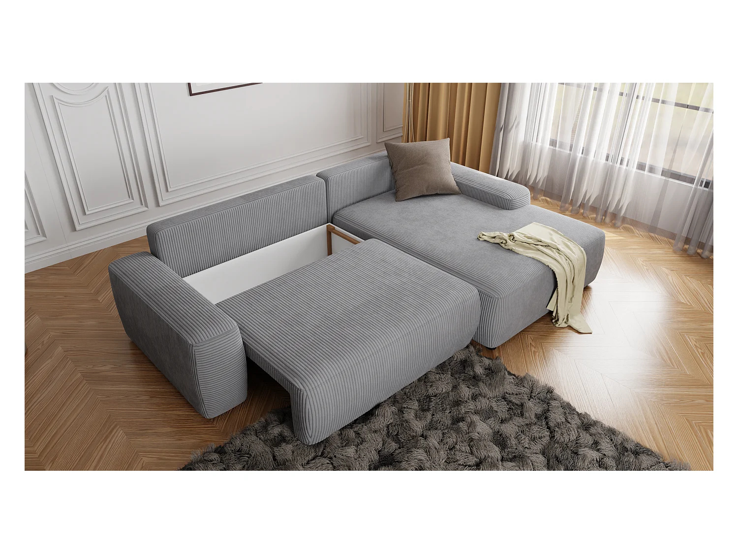 Canapé d’angle avec fonction lit et coffre de rangement en tissu côtelé gris clair, offrant un agréable confort d’assise EVERLY