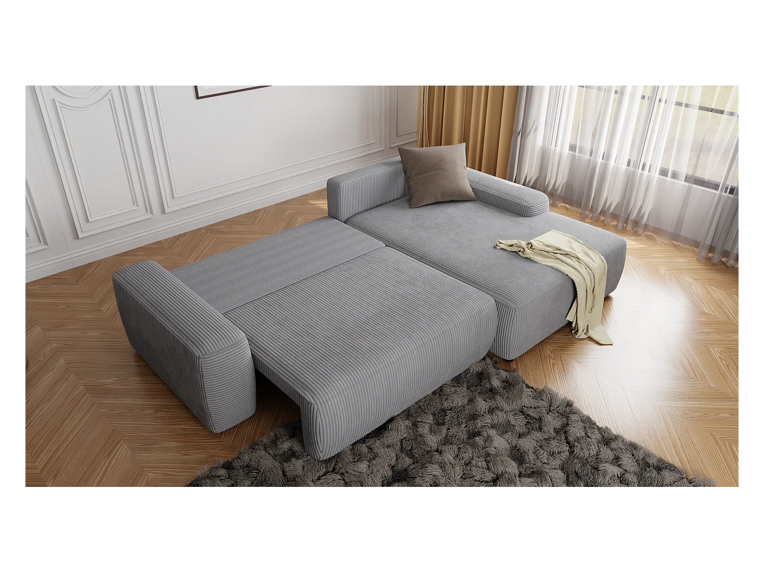 Canapé d’angle avec fonction lit et coffre de rangement en tissu côtelé gris clair, offrant un agréable confort d’assise EVERLY