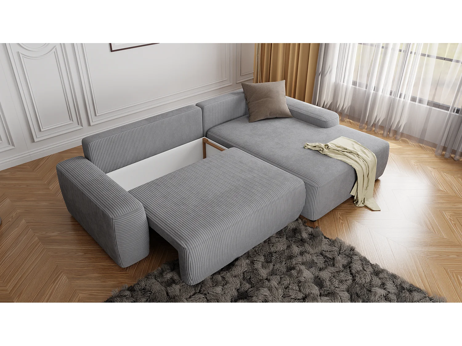 Canapé d’angle avec fonction lit et coffre de rangement en tissu côtelé gris clair, offrant un agréable confort d’assise EVERLY