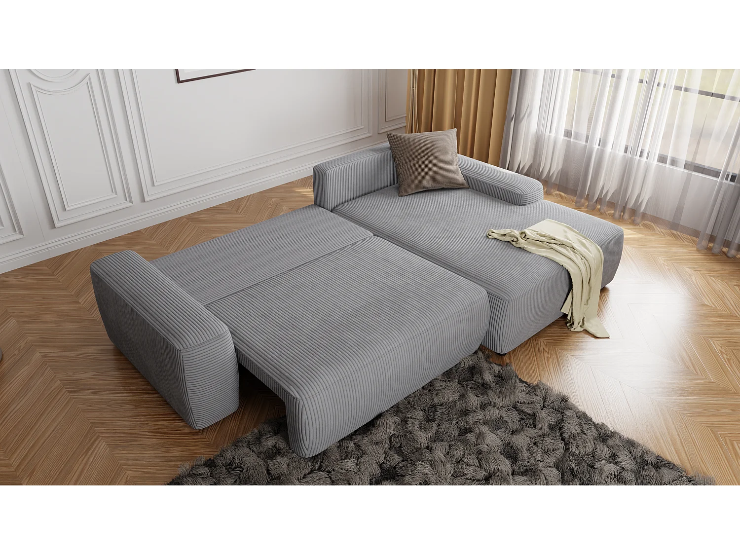 Canapé d’angle avec fonction lit et coffre de rangement en tissu côtelé gris clair, offrant un agréable confort d’assise EVERLY