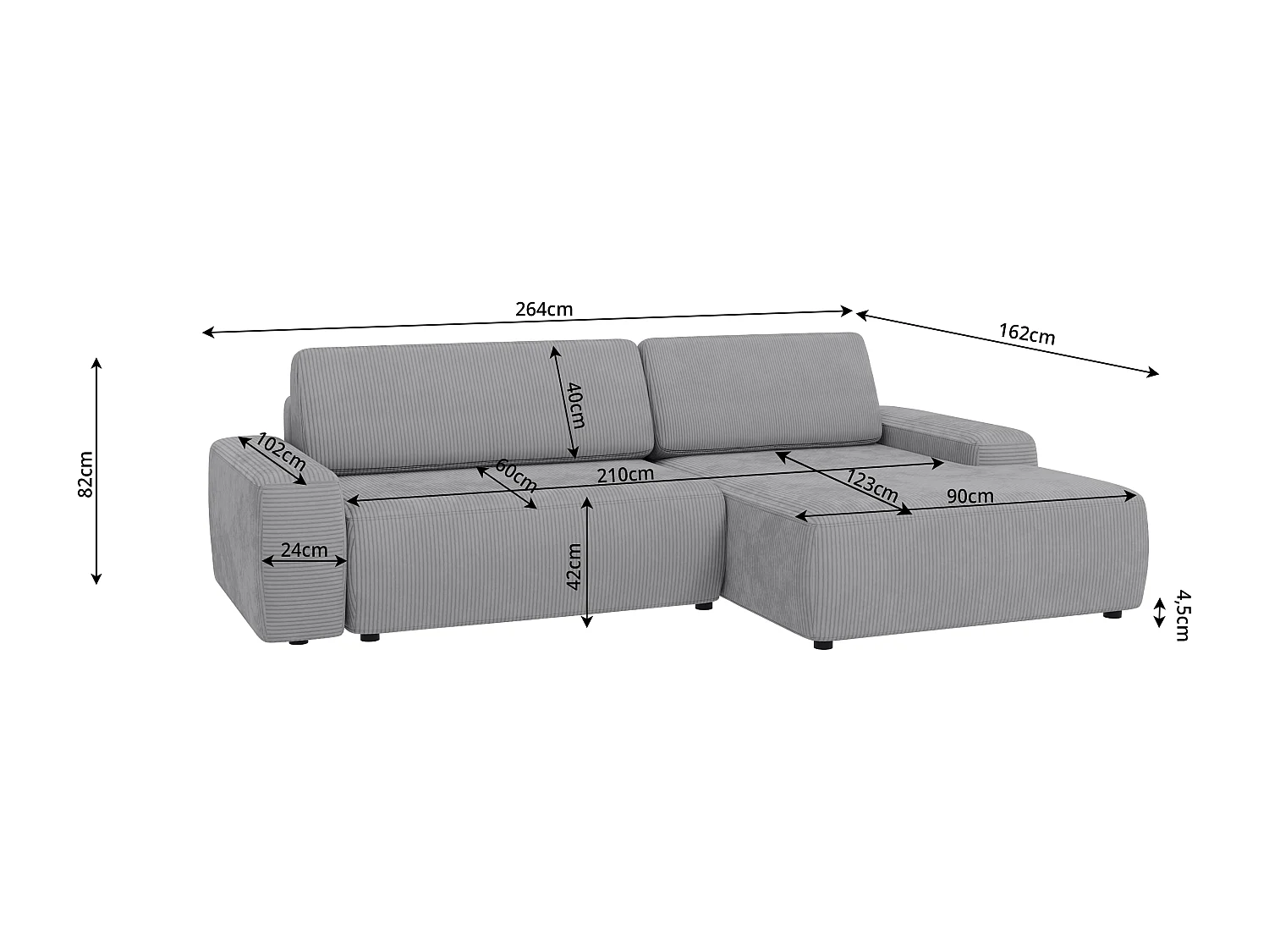 Canapé d’angle avec fonction lit et coffre de rangement en tissu côtelé gris clair, offrant un agréable confort d’assise EVERLY