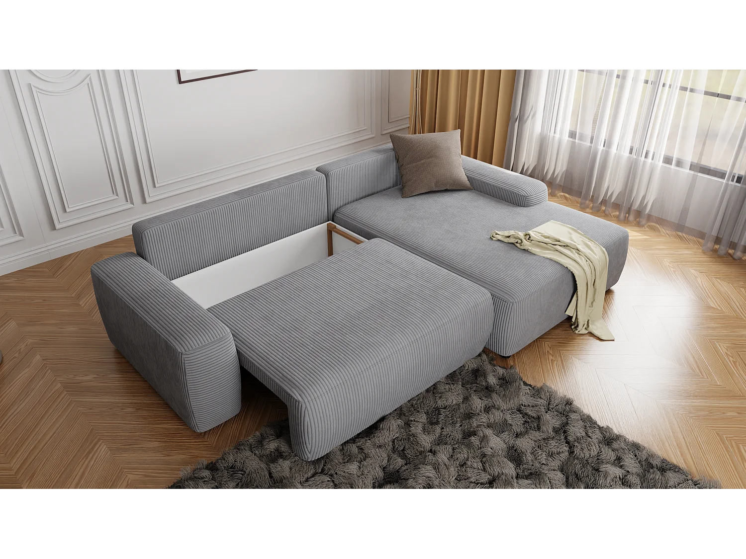 Canapé d’angle avec fonction lit et coffre de rangement en tissu côtelé gris clair, offrant un agréable confort d’assise EVERLY