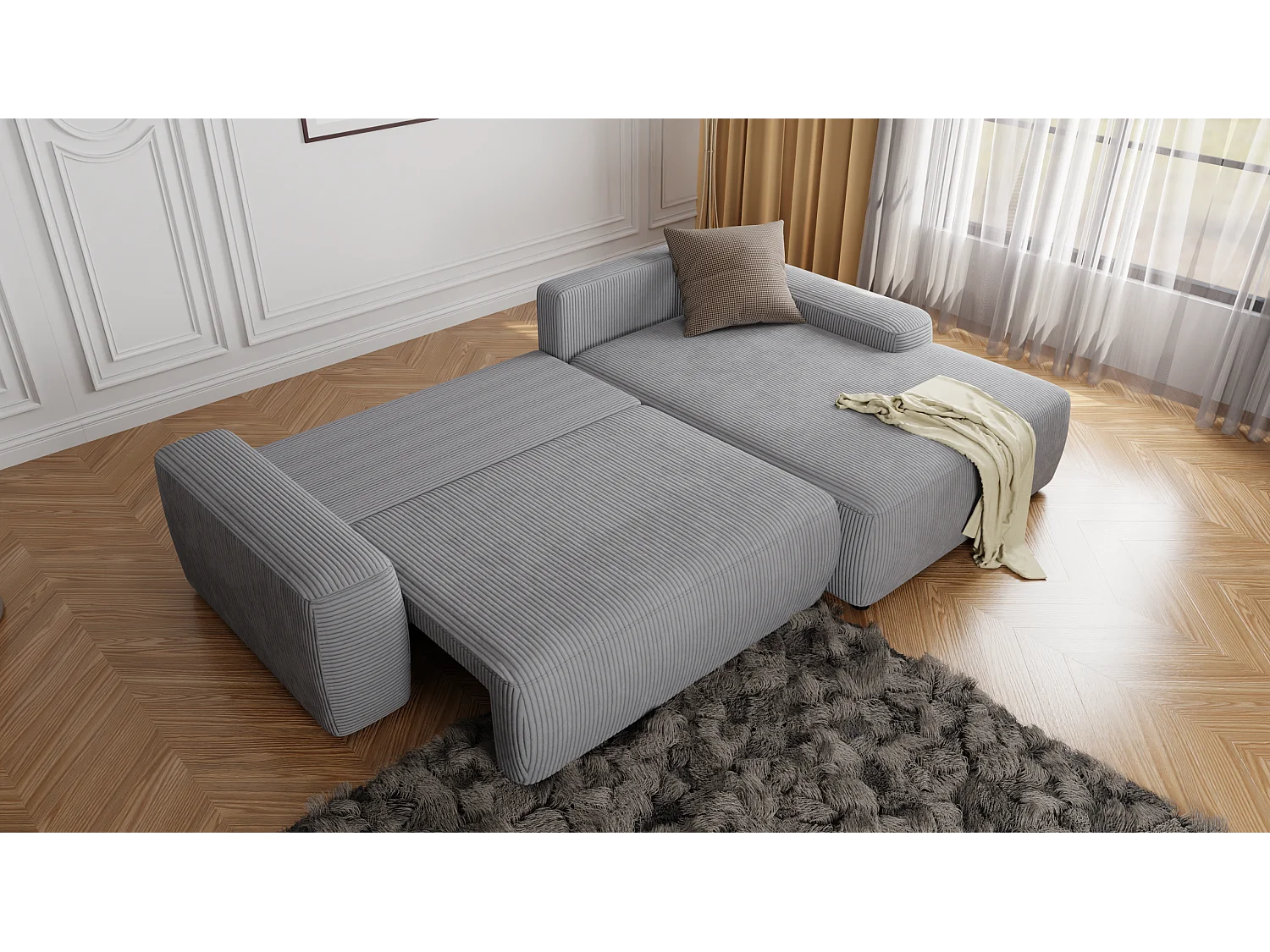 Canapé d’angle avec fonction lit et coffre de rangement en tissu côtelé gris clair, offrant un agréable confort d’assise EVERLY