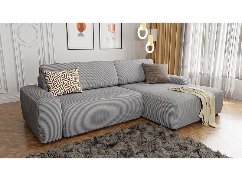 Canapé d’angle avec fonction lit et coffre de rangement en tissu côtelé gris clair, offrant un agréable confort d’assise EVERLY