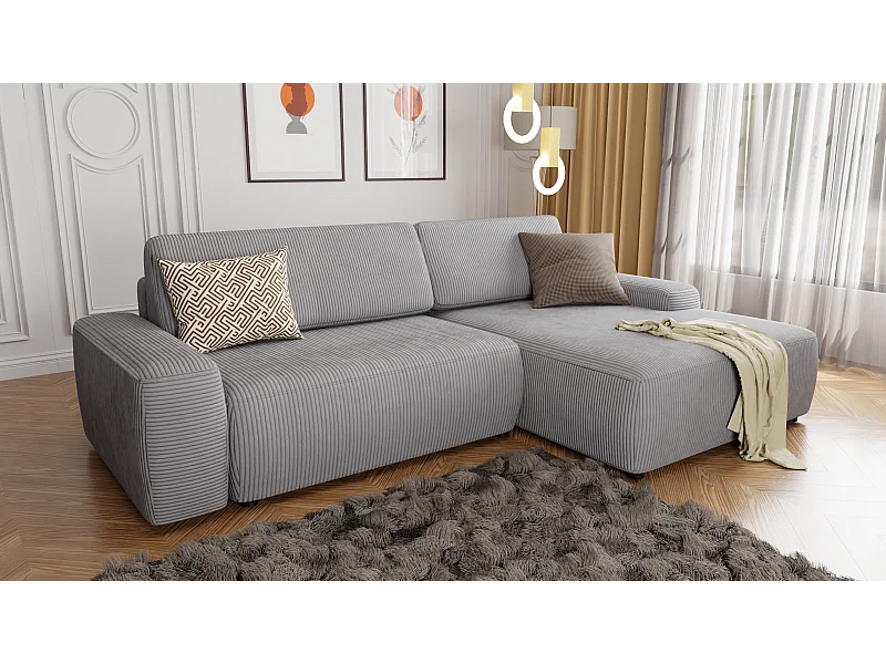 Canapé d’angle avec fonction lit et coffre de rangement en tissu côtelé gris clair, offrant un agréable confort d’assise EVERLY