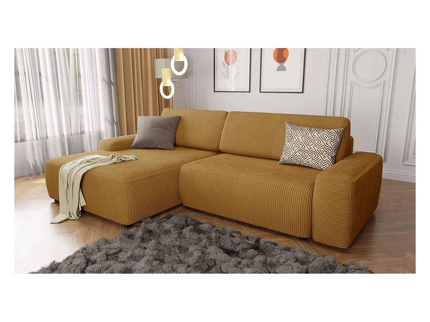 Canapé d’angle avec fonction lit et coffre de rangement en tissu côtelé miel, offrant un agréable confort d’assise EVERLY