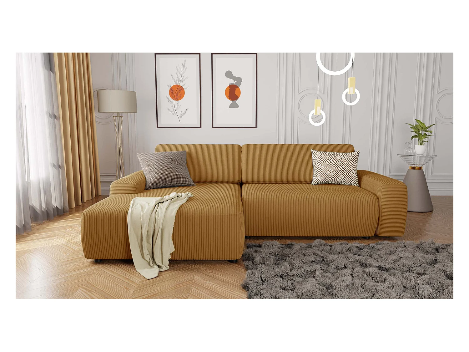 Canapé d’angle avec fonction lit et coffre de rangement en tissu côtelé miel, offrant un agréable confort d’assise EVERLY