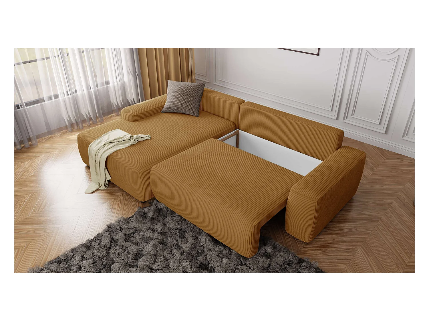 Canapé d’angle avec fonction lit et coffre de rangement en tissu côtelé miel, offrant un agréable confort d’assise EVERLY