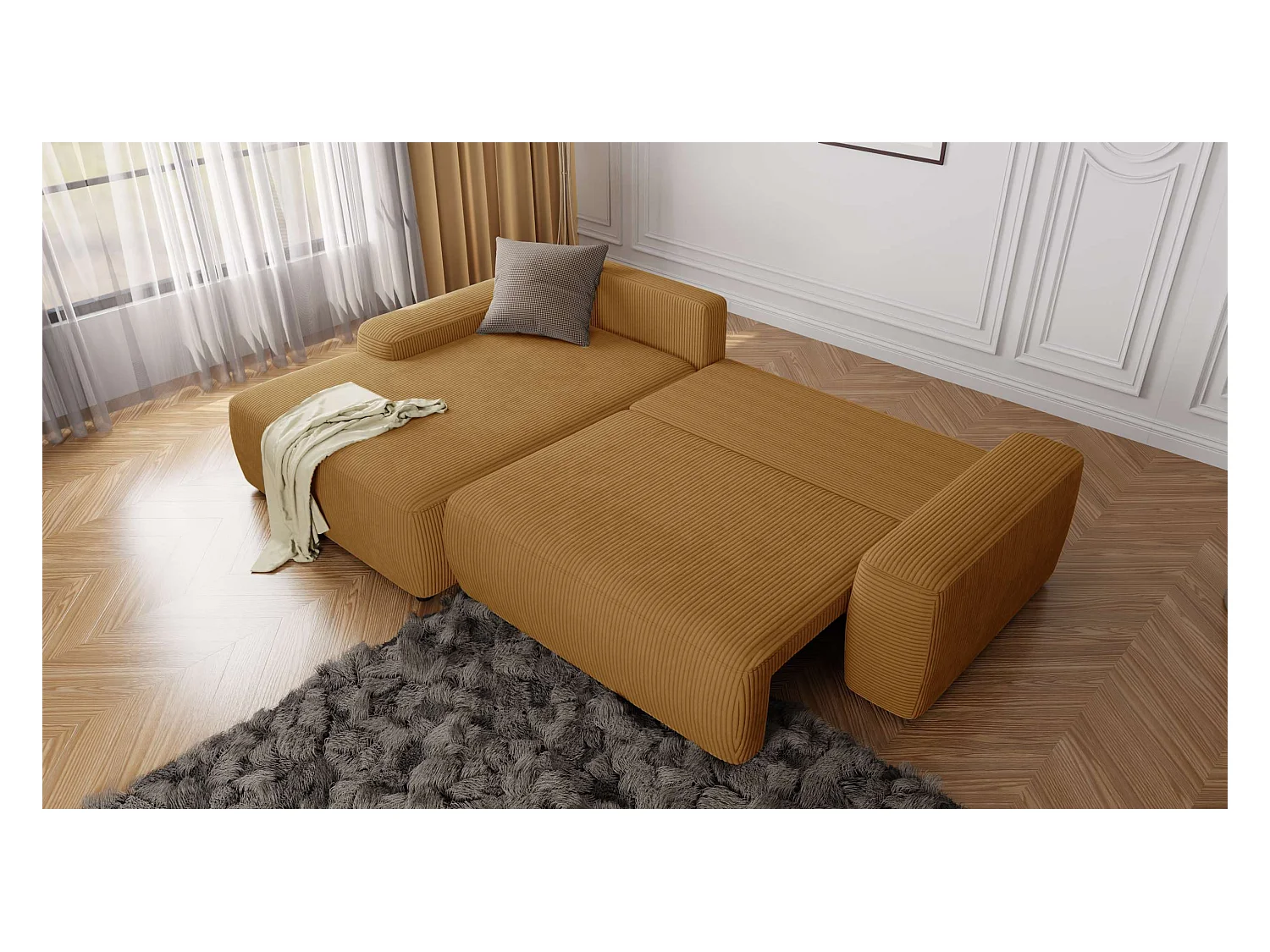 Canapé d’angle avec fonction lit et coffre de rangement en tissu côtelé miel, offrant un agréable confort d’assise EVERLY