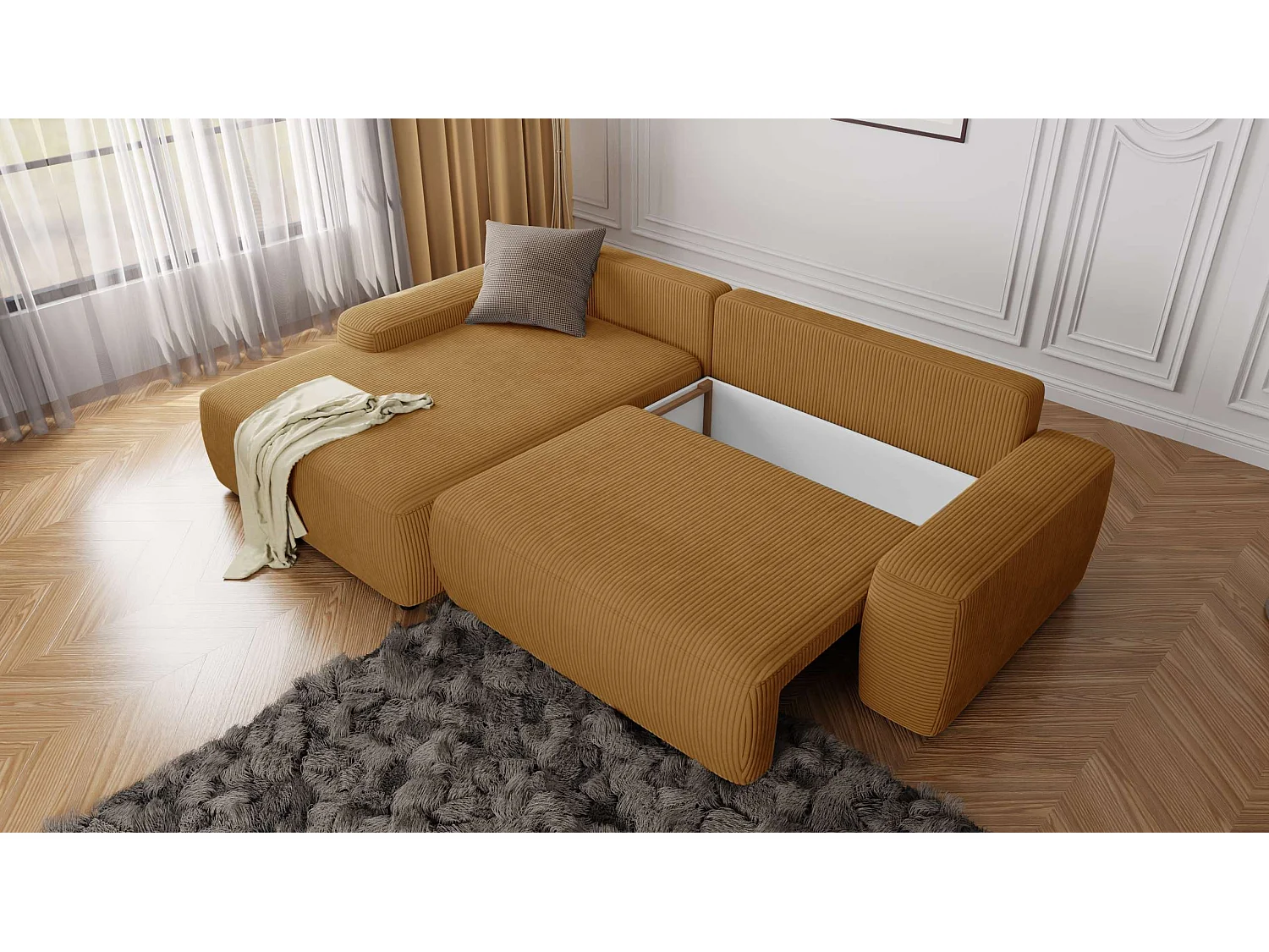 Canapé d’angle avec fonction lit et coffre de rangement en tissu côtelé miel, offrant un agréable confort d’assise EVERLY