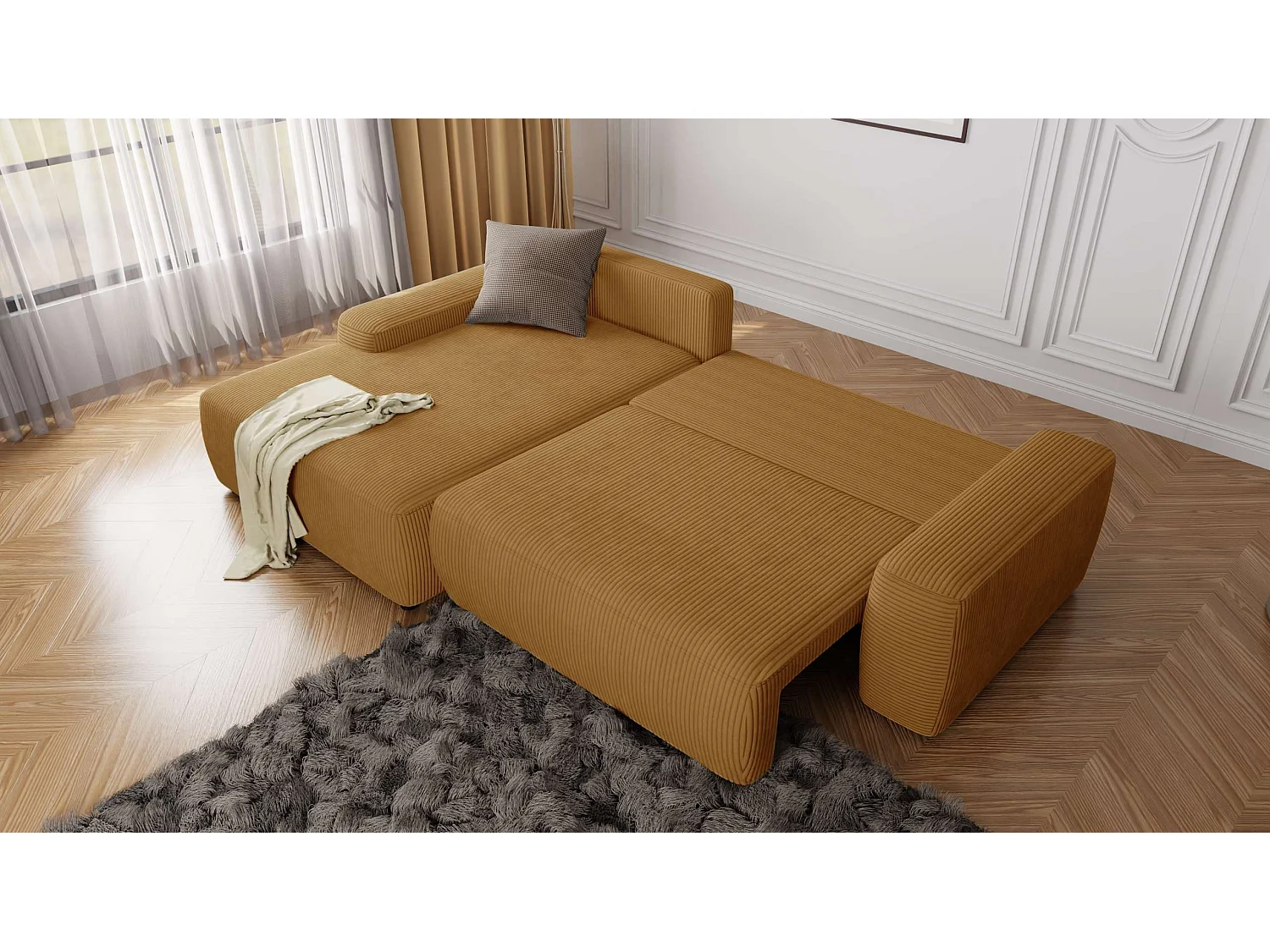 Canapé d’angle avec fonction lit et coffre de rangement en tissu côtelé miel, offrant un agréable confort d’assise EVERLY