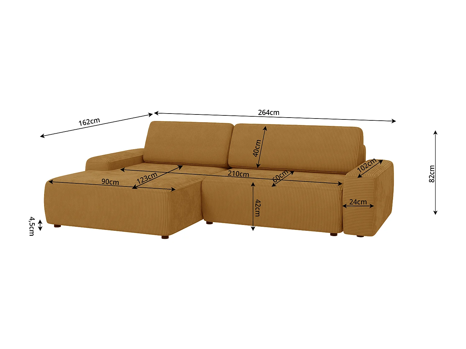 Canapé d’angle avec fonction lit et coffre de rangement en tissu côtelé miel, offrant un agréable confort d’assise EVERLY