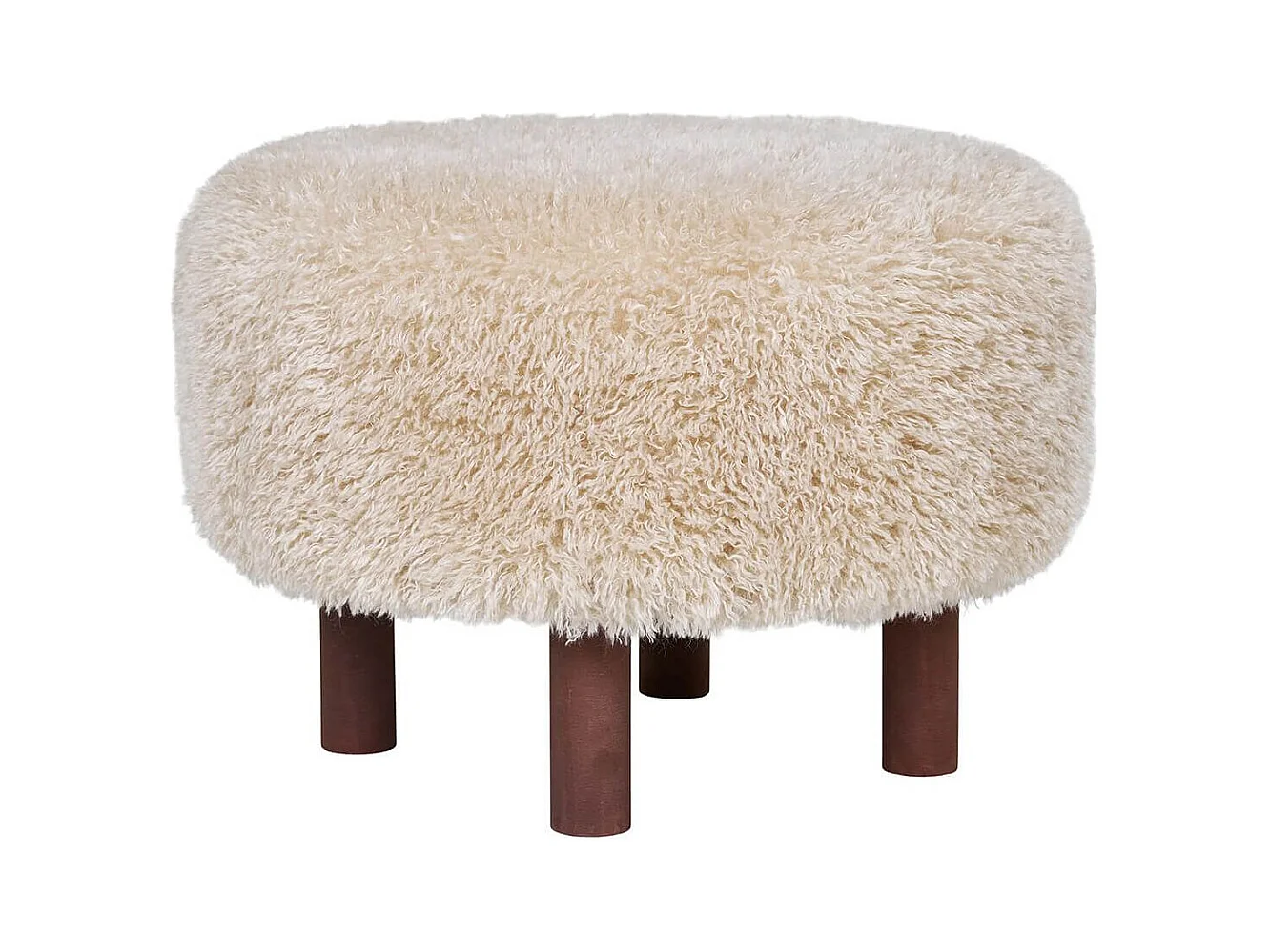 MUSTIK - Pouf en Fausse Fourrure Beige Pieds en Pin Teinté Marron