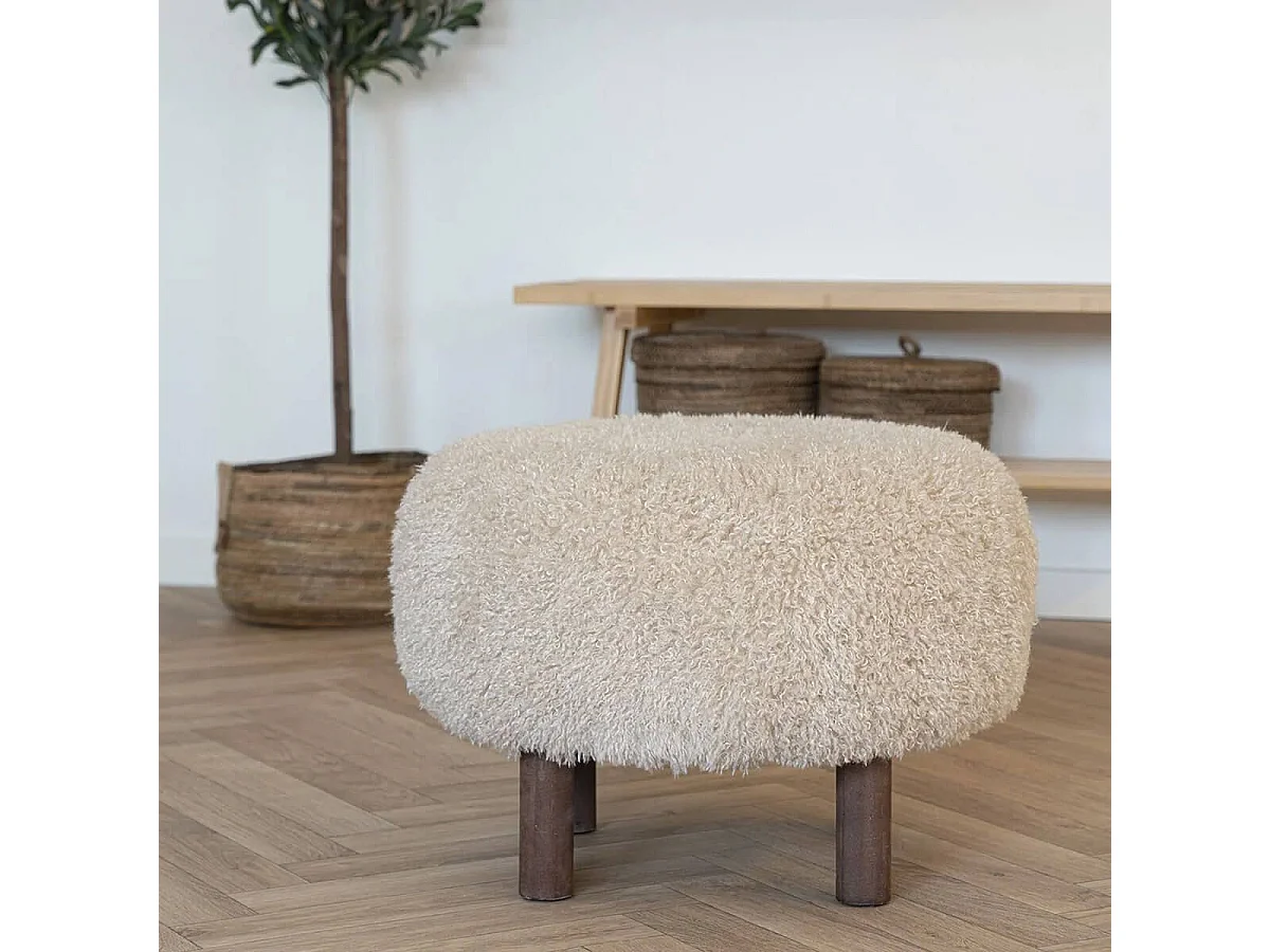 MUSTIK - Pouf en Fausse Fourrure Beige Pieds en Pin Teinté Marron