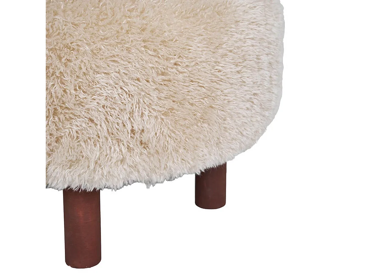 MUSTIK - Pouf en Fausse Fourrure Beige Pieds en Pin Teinté Marron